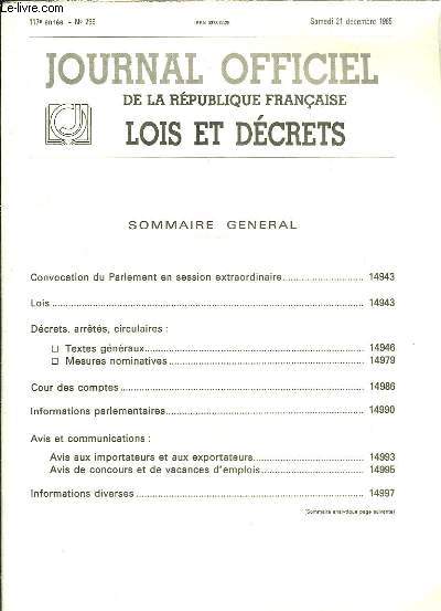 Journal Officiel de la Rpublique Franaise. Lois et Dcrets. N296 - 117e anne