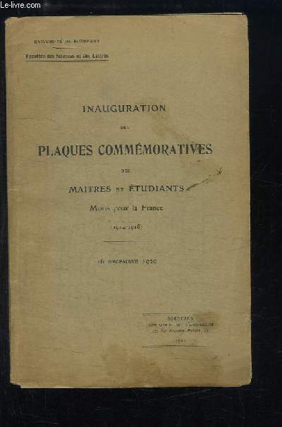 Inauguration des Plaques Commmoratives des Maitres et Etudiants Morts pour la France (1914 - 1918) - 16 dcembre 1920