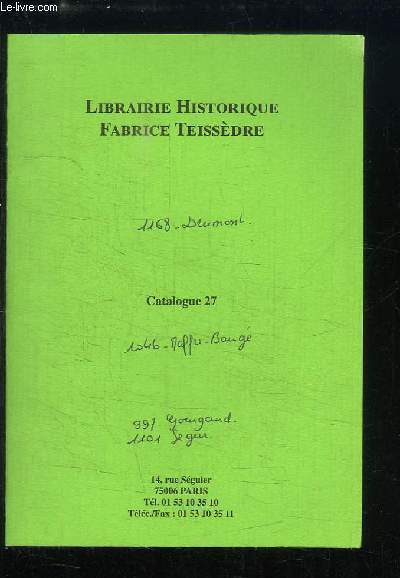 Catalogue N27, de la Librairie Teissdre.