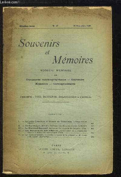 Souvenirs et Mmoires, n17 - 2me anne : Le pote Colardeau et le cur de Phithiviers - Necker migr - Le Marchal Bugeaud - Les Mmoires de Mme d'Epinay (suite) ...