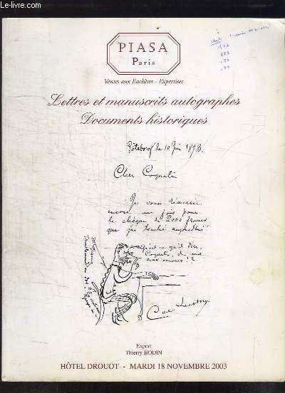 Lettres et manuscrits autographes, Documents historiques. Catalogue de la Vente aux Enchres du 18 novembre 2003  l'Htel Drouot.