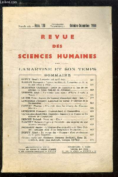 REVUE DES SCIENCES HUMAINES N136 - OCT/DEC 1969 : LAMARTINE ET SON TEMPS.