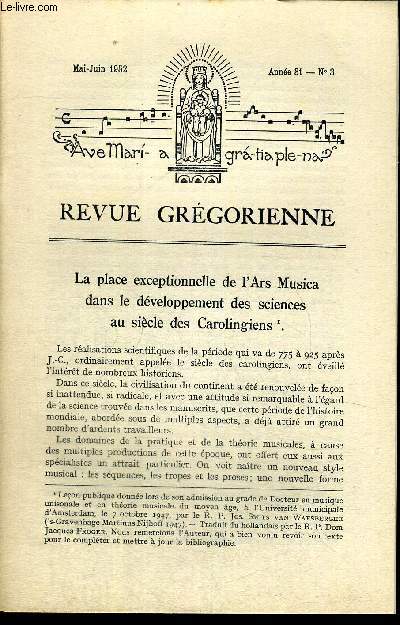 REVUE GREGORIENNE N3 MAI JUIN 1952 - L ARS MUSICA - LE CULTE LITURGIQUE DE NOTRE DAME - LA PROSE DE NOTRE DAME DE GRACE DE CAMBRAL - LIVRES ET PUBLICATIONS