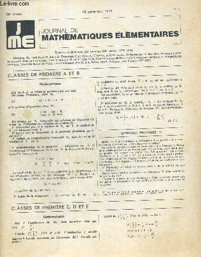 JOURNAL DE MATHEMATIQUES ELEMENTAIRES. 99e ANNEE - 15 SEPTEMBRE 1974. N1