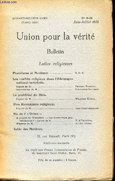 UNION POUR LA VERITE / BULLETIN LUTTES RELIGIEUSES N9-10 JUIN-JUILLET 1935