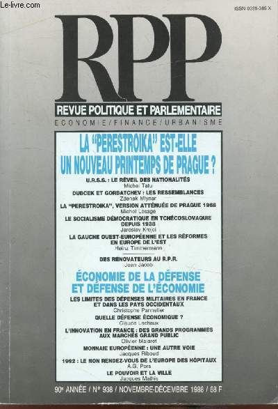 Revue politique et parlementaire - n938 - 90e anne - Novembre-dcembre 1988 - Economie/Finance - Urbanisme -