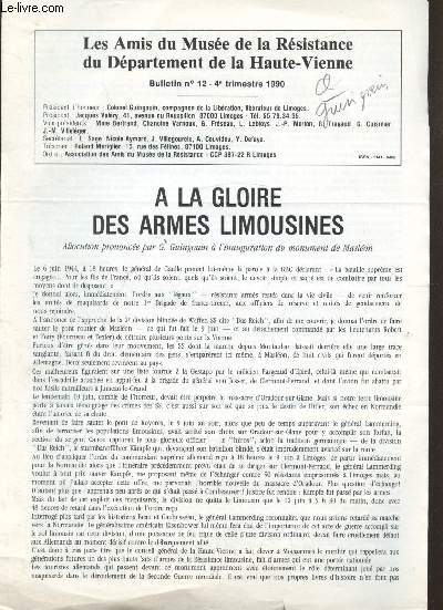 Les amis du muse de la rsistance Haute Vienne - Bulletin n 12 - 4e trimestre 1990 - A la gloire des armes Limousines