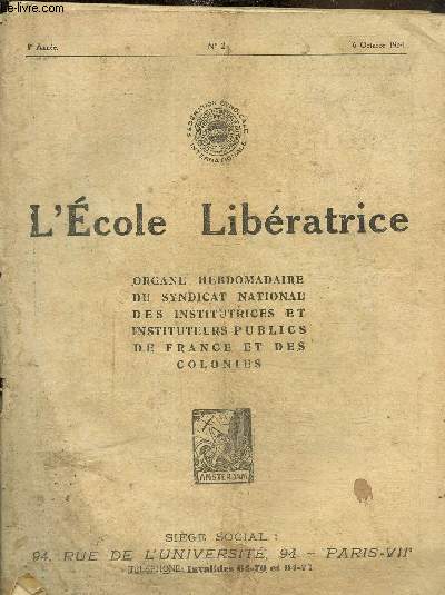 L'cole libratrice n2, 5me anne- 6 octobre 1934-Le syndicalisme relve le gant- Le franais au cours lmentaire- Travaux d'enfants.