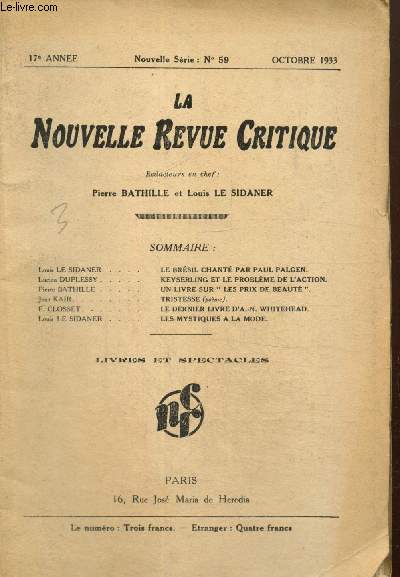La Nouvelle Revue Critique, 17e anne, n59 (octobre 1933)