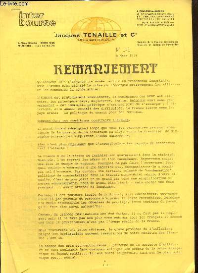 InterBourse, n141 (6 mars 1974) : Mardi aprs Bourse / Le Dessus de la Corbeille / En direct de nos Agents de Change / New York / Remaniement /...