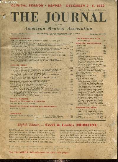 The Journal of the American Medical Association, volume 150, n13 (29 novembre 1952) : Five years experience with radioactive iodine in treatment of hyperthyroidism / Sclerosing lipogranuloma / Urographic changes in diabetes insipidus / ...