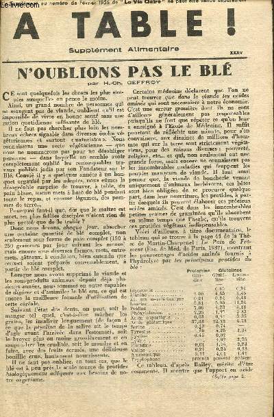 A Table ! Supplment alimentaire, nXXXV (fvrier 1956) : N'oublions pas le bl (H.-Ch. Geffroy) / Menus-types de fvrier / Les recettes du mois pour 4 personnes / Le fenouil doux / Dpts de la rgion parisienne /...