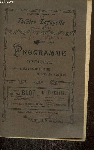 Programme : Thtre Lafayette, saison 1910-1911 - Programme officiel avec analyse (dition Bach) et portraits d'artistes