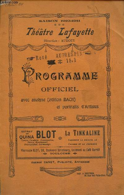 Thtre Lafayette - Saison 1910-1911, Programme officiel avec analyse (dition Bach) et portraits d'artistes