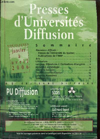 Catalogue : Presses d'Universits Diffusion