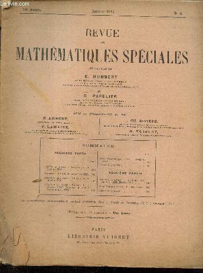 Revue de Mathmatiques Spciales, 24e anne, n4 (janvier 1914)