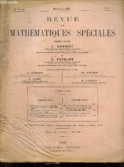 Revue de Mathmatiques Spciales, 31e anne, n2 (novembre 1920)