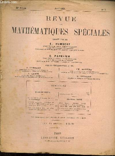 Revue de Mathmatiques Spciales, 31e anne, n7 (avril 1921)