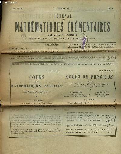 Journal de mathmatiques lmentaires, 68e anne, n1 (1er octobre 1943)