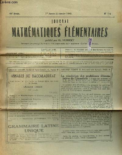 Journal de mathmatiques lmentaires, 68e anne, n7-8 (1er janvier-15 janvier 1944)