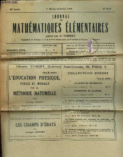 Journal de mathmatiques lmentaires, 68e anne, n9-10 (1er fvrier-15 fvrier 1944)