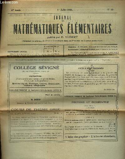 Journal de mathmatiques lmentaires, 68e anne, n19 (1er juillet 1944)