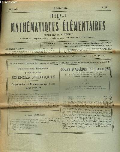 Journal de mathmatiques lmentaires, 68e anne, n20 (15 juillet 1944)