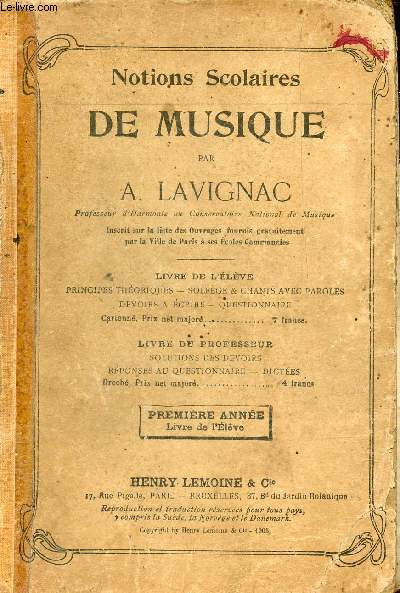 Notions scolaires de musique - Premire anne livre de l'lve.