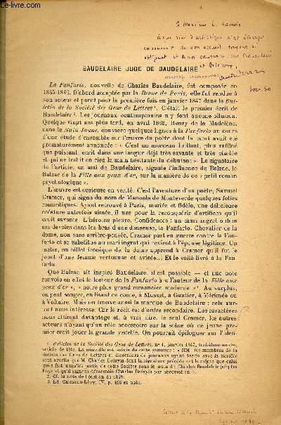 Tir  part : Baudelaire juge de Baudelaire par Andr Ferran - ddicace d'Andr Ferran.