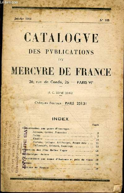 Catalogue des publications du Mercure de France - n113