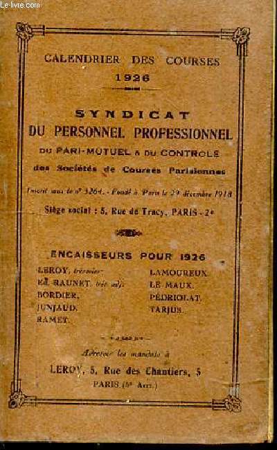 Calendrier des courses 1926. Syndicat du personnel professionnel