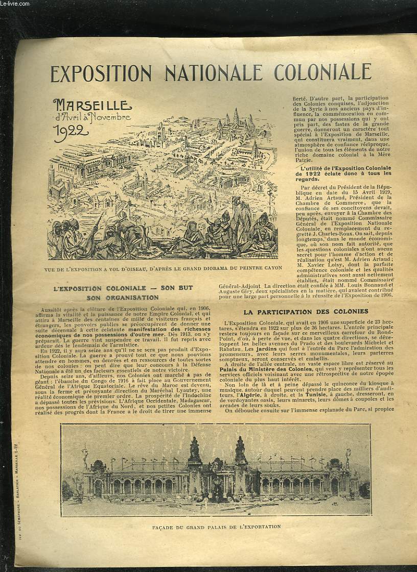 Exposition nationale coloniale  Marseille d'avril  novembre 1922
