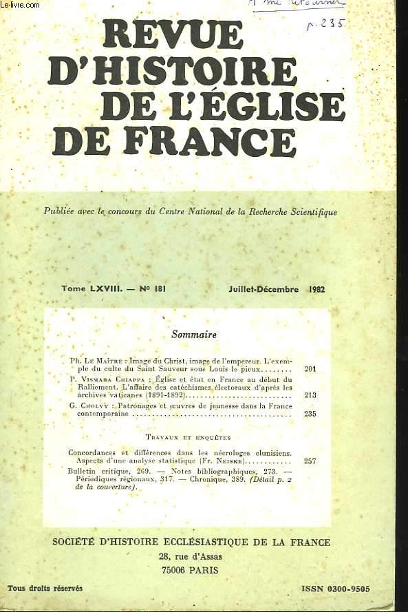Revue d'histoire de l'Egise de France. Tome 68, n 181