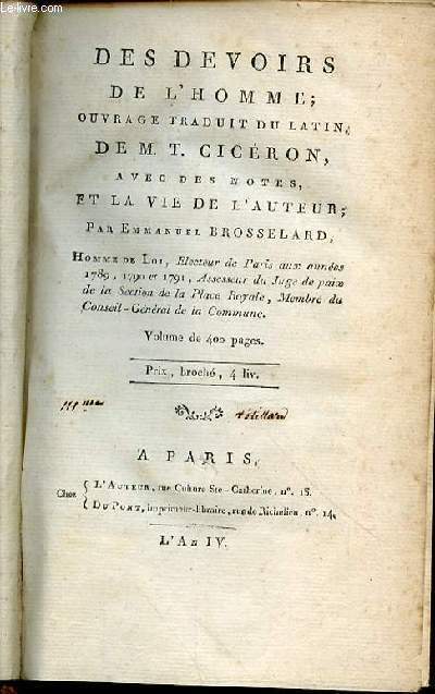 DES DEVOIRS DE L'HOMME - Ouvrage traduit du latin, avec des notes et la vie de l'auteur par Emmanuel Brosselard.