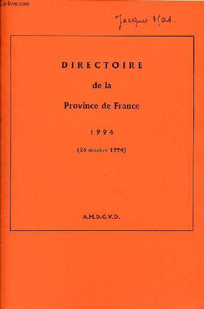 DIRECTOIRE DE LA PROVINCE DE FRANCE 1994 - 26 OCTOBRE 1994.