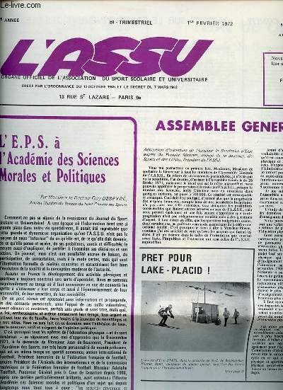 L'ASSU N3 / 1 ER FEVRIER - ORGANE OFFICIEL DE L'ASSOCIATION DU SPORT SCOLAIRE ET UNIVERSITAIRE. L'EPS A L'ACADEMIE DES SCIENCES MORALES ET POLITIQUES / ASSEMBLEE GENERALE ASSU / LA FOIRE AUX IDEES / LIMOGES : PROMOTION 1965 / ETC.