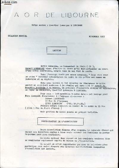 AOR DE LIBOURNE - BULLETIN MENSUEL NOVEMBRE 1977. LECTURE / PORTE-DRAPEAU DE L'ASSOCIATION / RESPONSABLES / CONCOURS DE TIR EN 1978 / ETC.