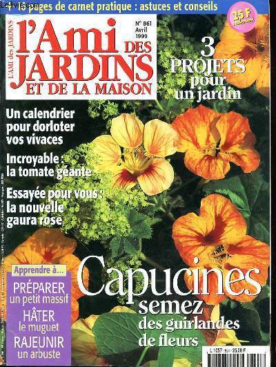L'AMI DES JARDINS ET DE LA MAISON - N861 - AVRIL 1999 - 3 PROJETS POUR UN JARDIN - UN CALENDRIER POUR DORLOTE VOS VIVACES - INCROYABLE LA TOMATE GEANTE - ESSAYEE POUR VOUS LA NOUVELLE GAURA ROSE - CAPUCINES SEMEZ DES GUIRLANDES DE FLEURS -