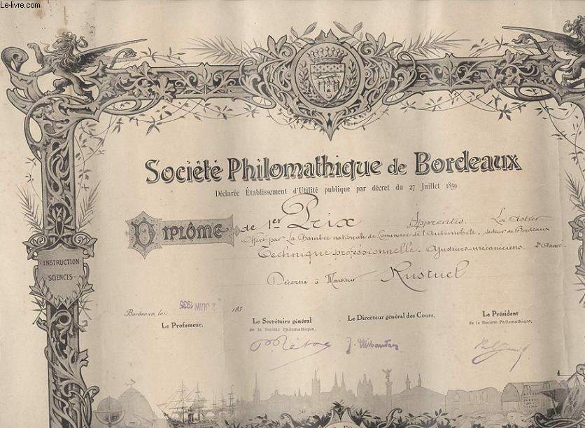 DIPLOME / PRIX - SOCIETE PHILOMATHIQUE DE BORDEAUX