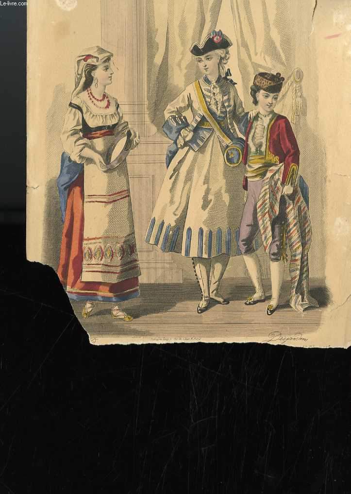 GRAVURE 19eme COULEURS - 3 PERSONNAGES DEVANT DES RIDEAUX