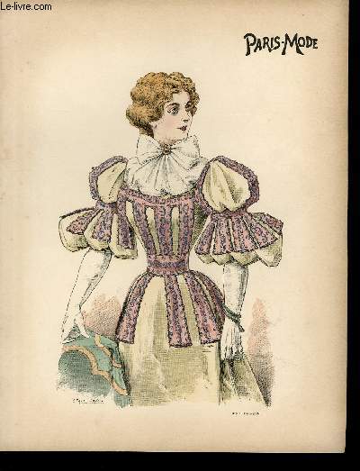 GRAVURE 19eme COULEURS - PARIS MODE - DAME EN ROSE