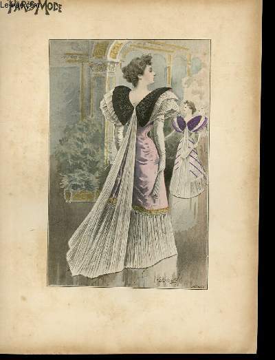 GRAVURE 19eme COULEURS - PARIS MODE - DAME AVEC TRENNE