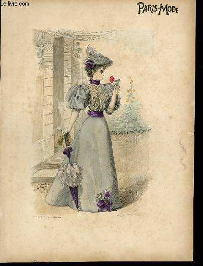 GRAVURE 19eme COULEURS - PARIS MODE - DAME A LA ROSE