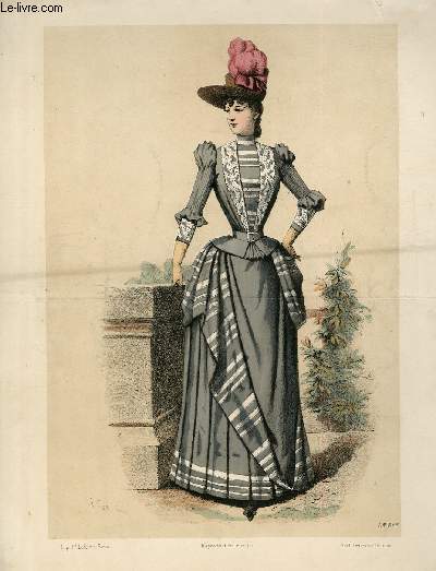 GRAVURE 19eme COULEURS - LE MONITEUR DE LA MODE - LA GAZETTE ROSE - DAME EN GRIS