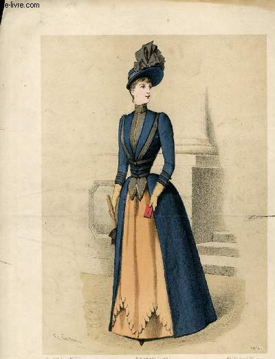 GRAVURE 19eme COULEURS - DAME EN BLEU ET JAUNE