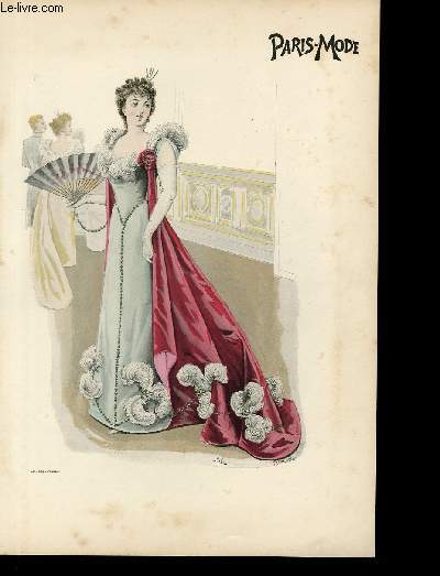 GRAVURE 19eme COULEURS - PARIS MODE - DAME A LA TRENNE ROUGE