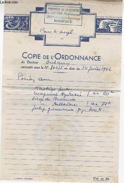 FACTURE ANCIENNE - COPIE D'ORDONNANCE