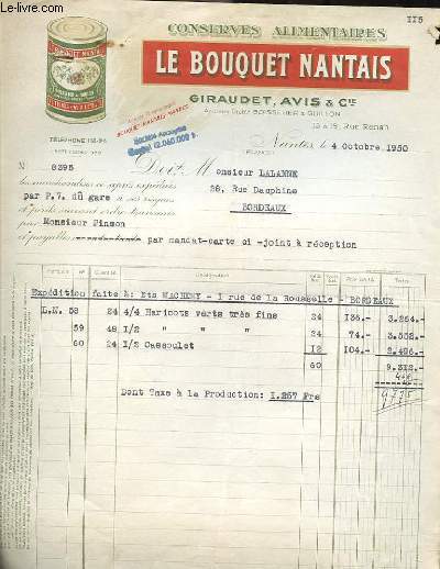 FACTURE ANCIENNE ILLUSTREE DE LA SOCIETE CONSERVES ALIMENTAIRES LE BOUQUET NANTAIS GIRAUDET AVIS ET COMPAGNIE 13 19 RUE RENAN NANTES