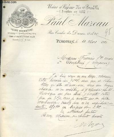 1 LETTRE ANCIENNE ILLUSTREE DE L'USINE A VAPEUR DES ARCADER FONDEE EN 1837 PAUL MAZEAU 18 ET 20 RUE COMBES DES DAMES PERIGUEUX.