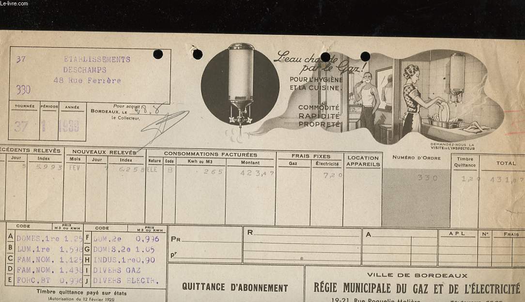 1 QUITTANCE D'ABONNEMENT VILLE DE BORDEAUX - REGIE MUNICIPALE DU GAZ ET DE L'ELECTRICITE